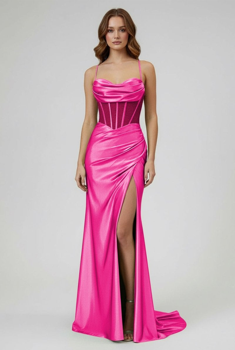 Jeni | Sage Scoop Neck Satin Mermaid Long Prom Dress with Slit - KissProm