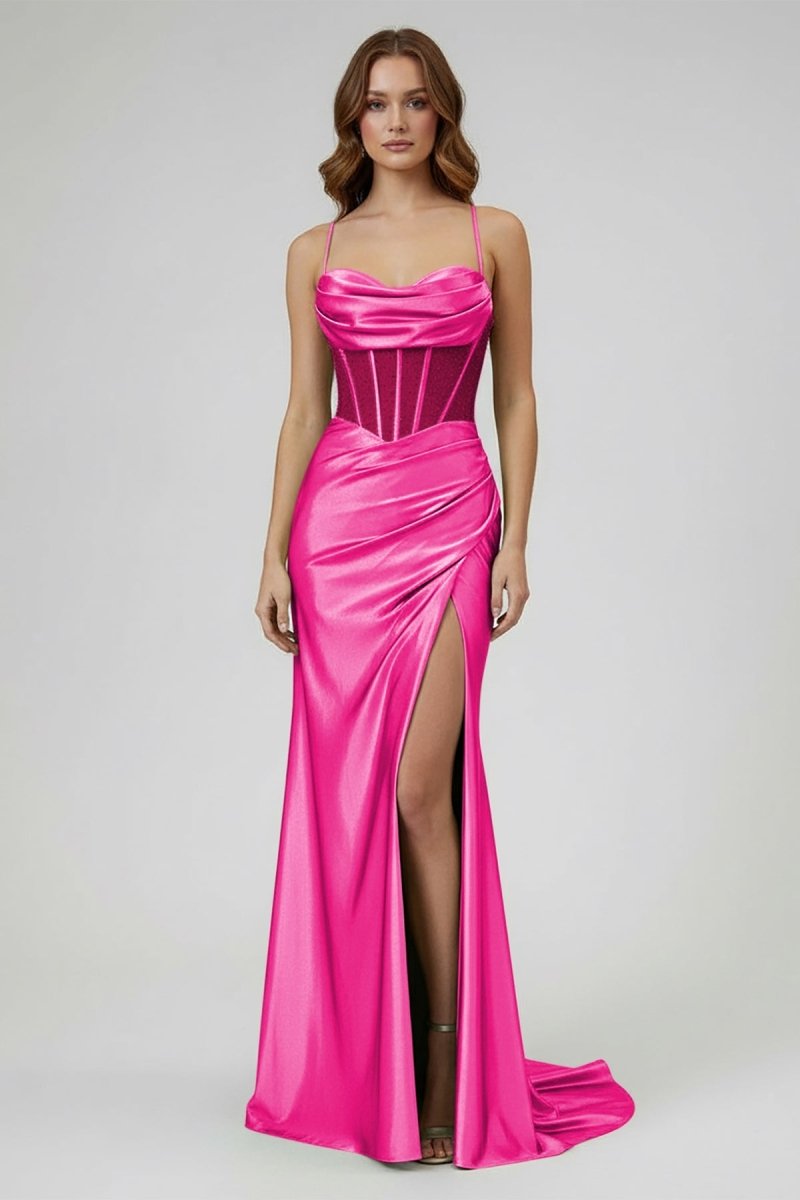 Jeni | Sage Scoop Neck Satin Mermaid Long Prom Dress with Slit - KissProm