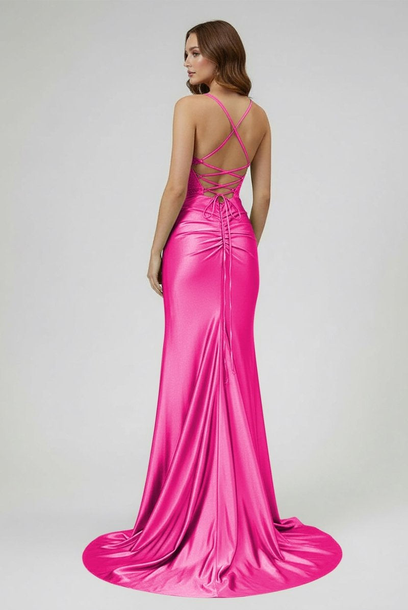 Jeni | Sage Scoop Neck Satin Mermaid Long Prom Dress with Slit - KissProm