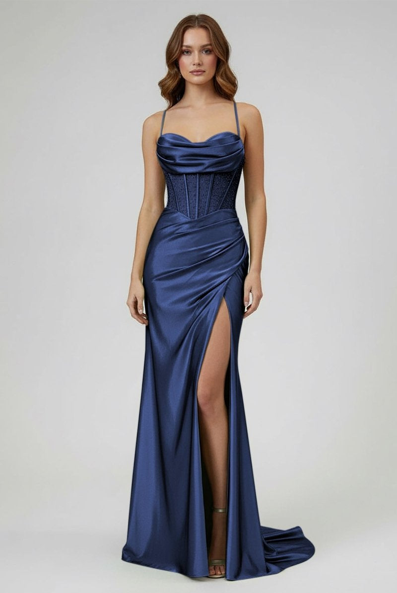 Jeni | Sage Scoop Neck Satin Mermaid Long Prom Dress with Slit - KissProm