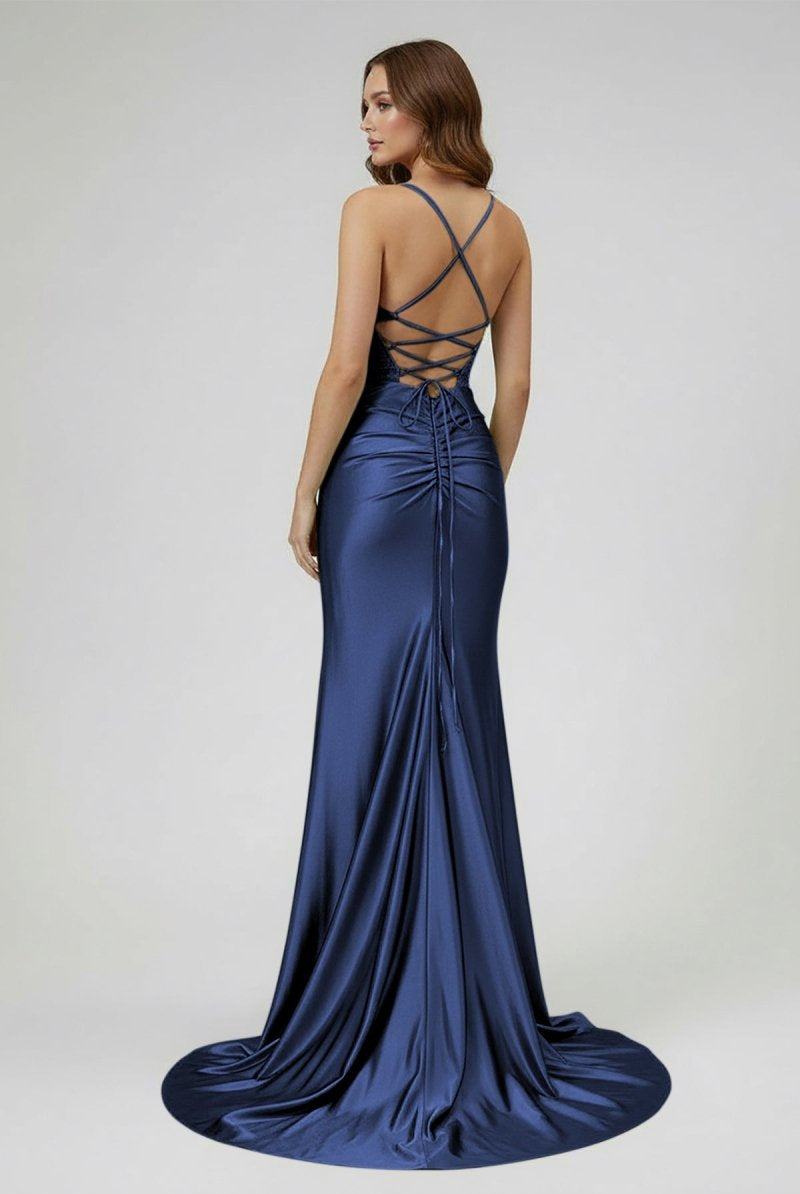 Jeni | Sage Scoop Neck Satin Mermaid Long Prom Dress with Slit - KissProm