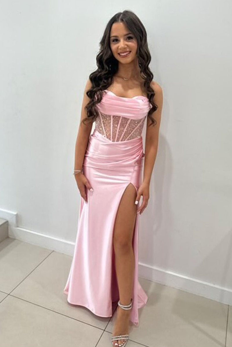 KissProm-Jeni Pink Scoop Neck Satin Mermaid Long Prom Dress with Slit
