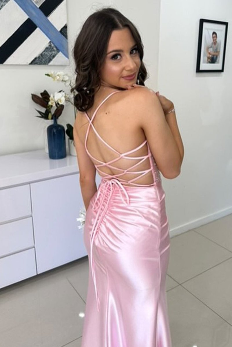 KissProm-Jeni Pink Scoop Neck Satin Mermaid Long Prom Dress with Slit