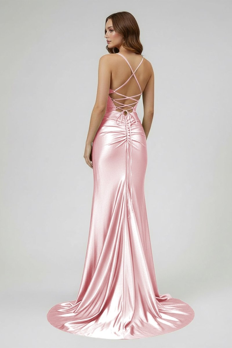 Jeni | Sage Scoop Neck Satin Mermaid Long Prom Dress with Slit - KissProm