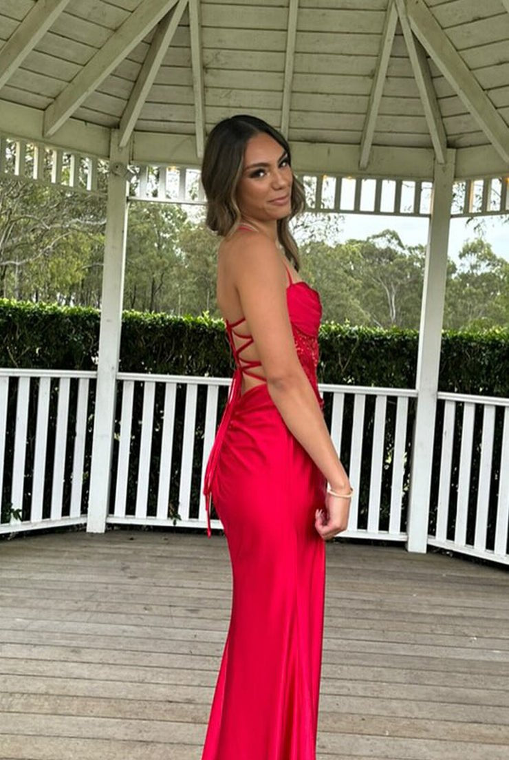 KissProm-Jeni Red Scoop Neck Satin Mermaid Long Prom Dress with Slit