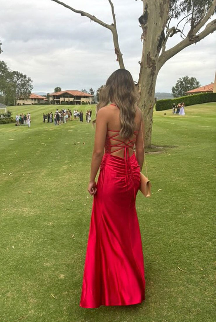 KissProm-Jeni Red Scoop Neck Satin Mermaid Long Prom Dress with Slit