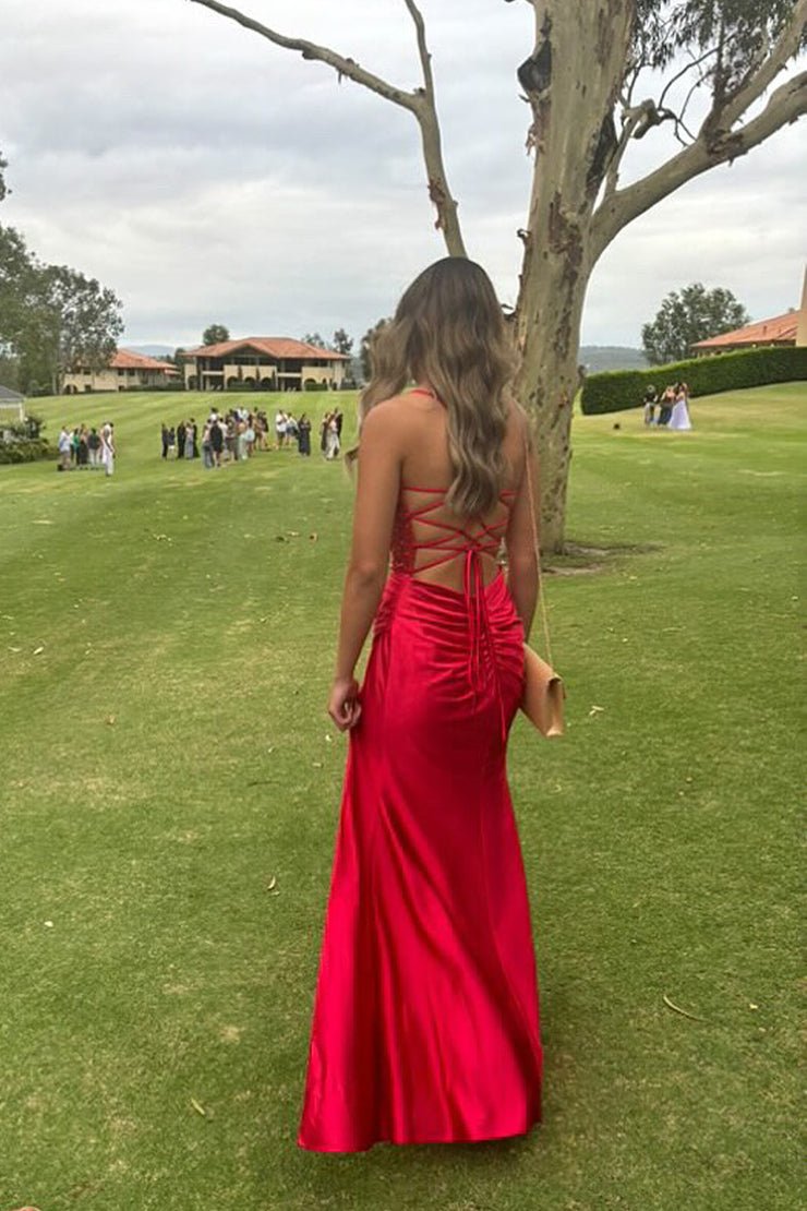 KissProm-Jeni Red Scoop Neck Satin Mermaid Long Prom Dress with Slit