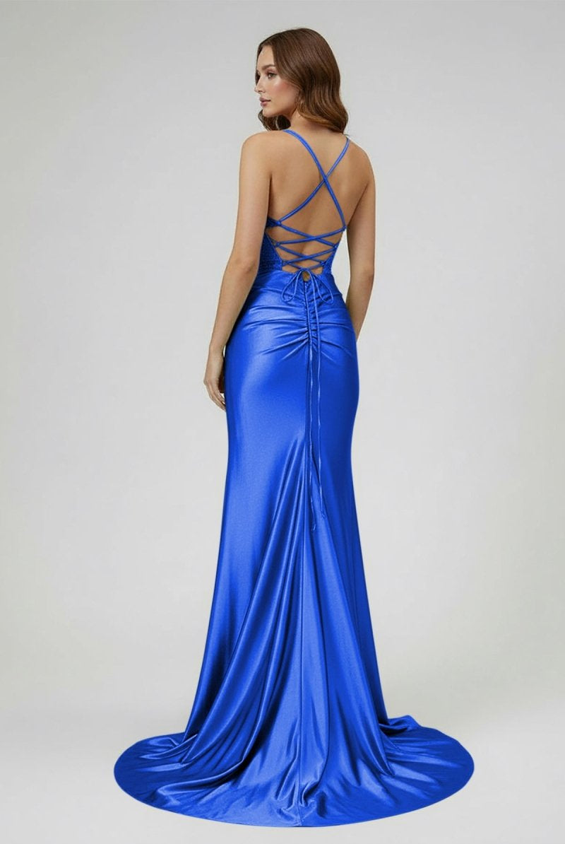 Jeni | Sage Scoop Neck Satin Mermaid Long Prom Dress with Slit - KissProm