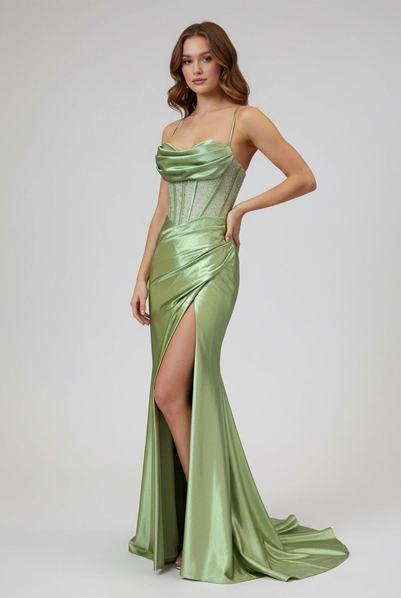 KissProm-Jeni Sage Scoop Neck Satin Mermaid Long Prom Dress with Slit