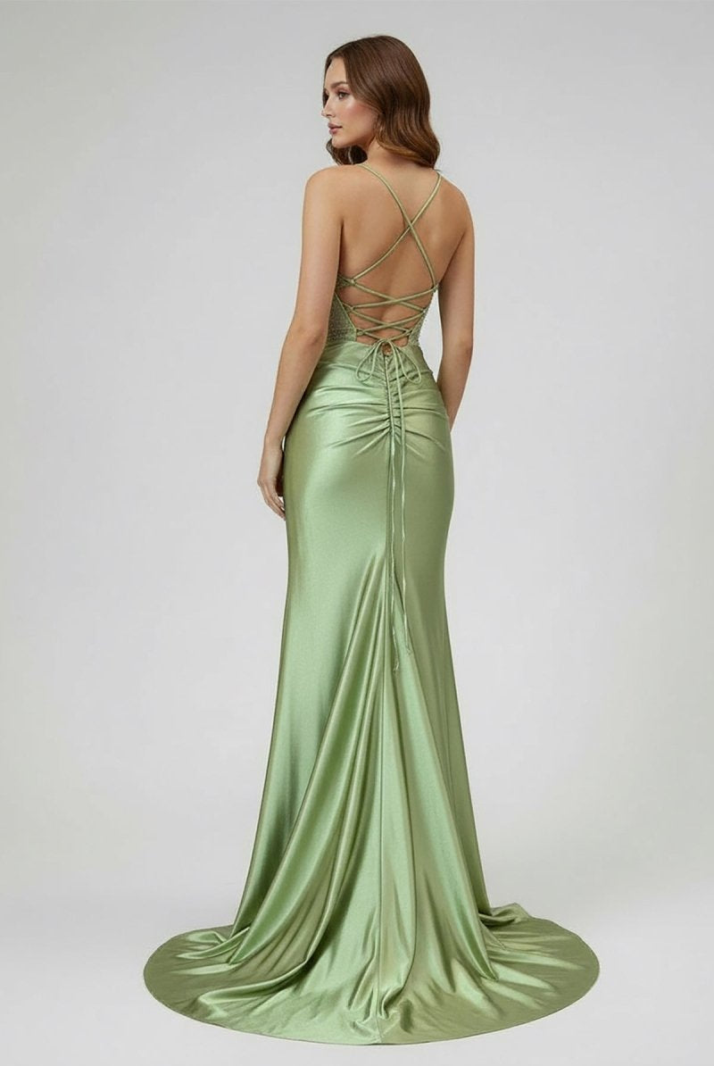 KissProm-Jeni Sage Scoop Neck Satin Mermaid Long Prom Dress with Slit