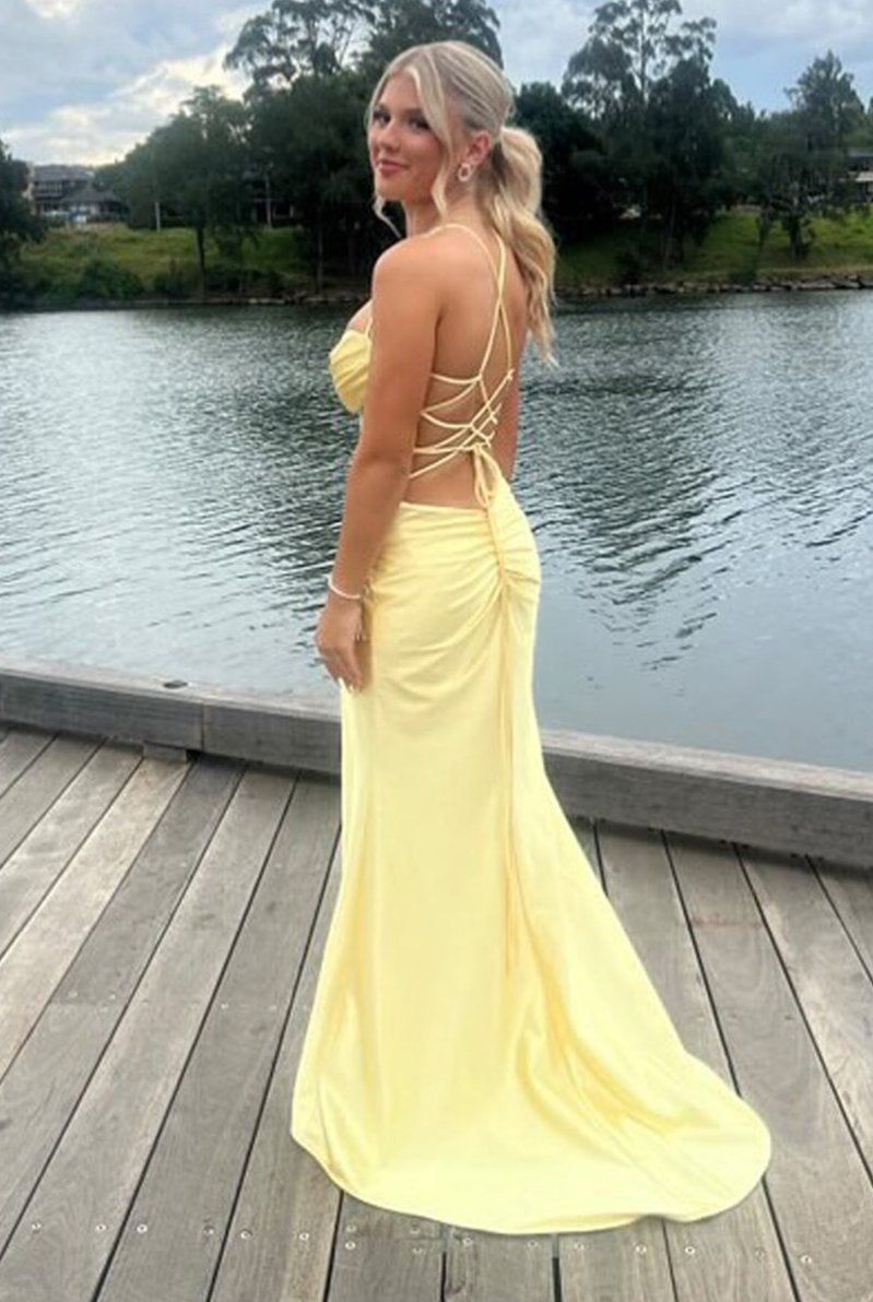 KissProm-Jeni Yellow Scoop Neck Satin Mermaid Long Prom Dress with Slit