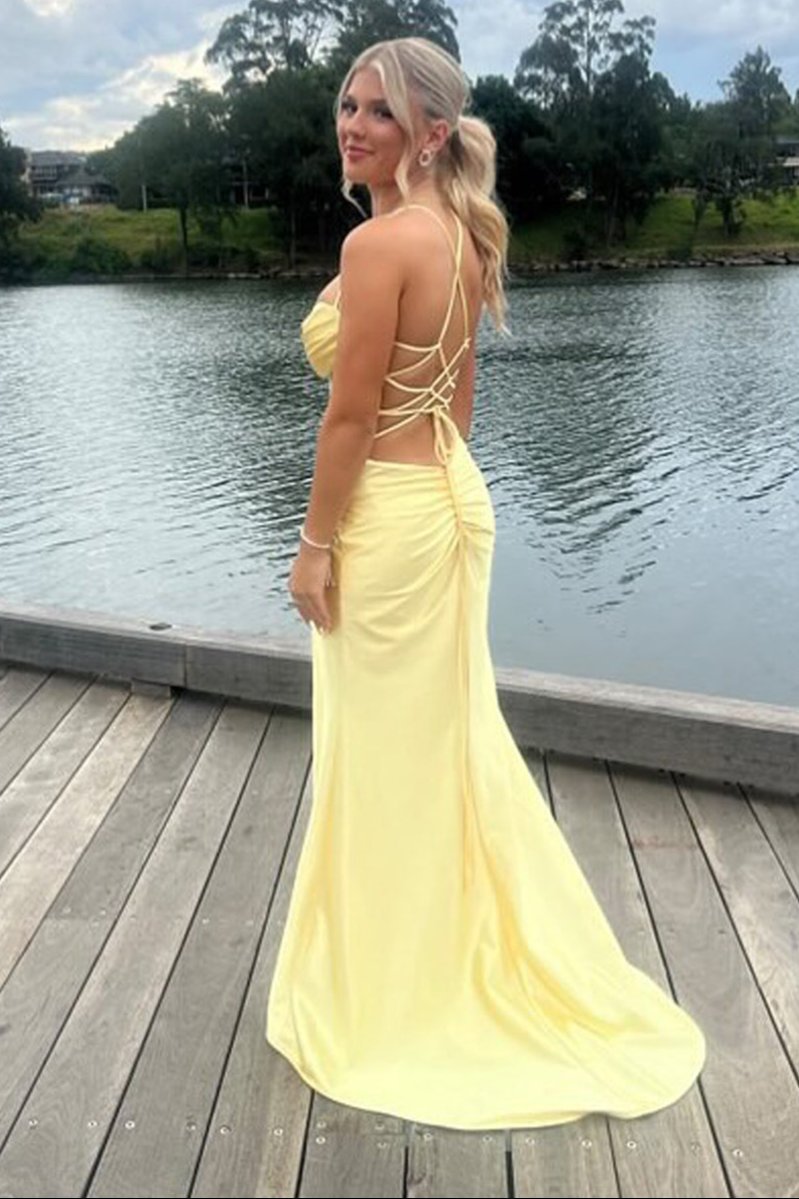 KissProm-Jeni Yellow Scoop Neck Satin Mermaid Long Prom Dress with Slit