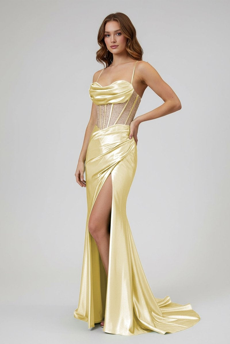 Jeni | Sage Scoop Neck Satin Mermaid Long Prom Dress with Slit - KissProm