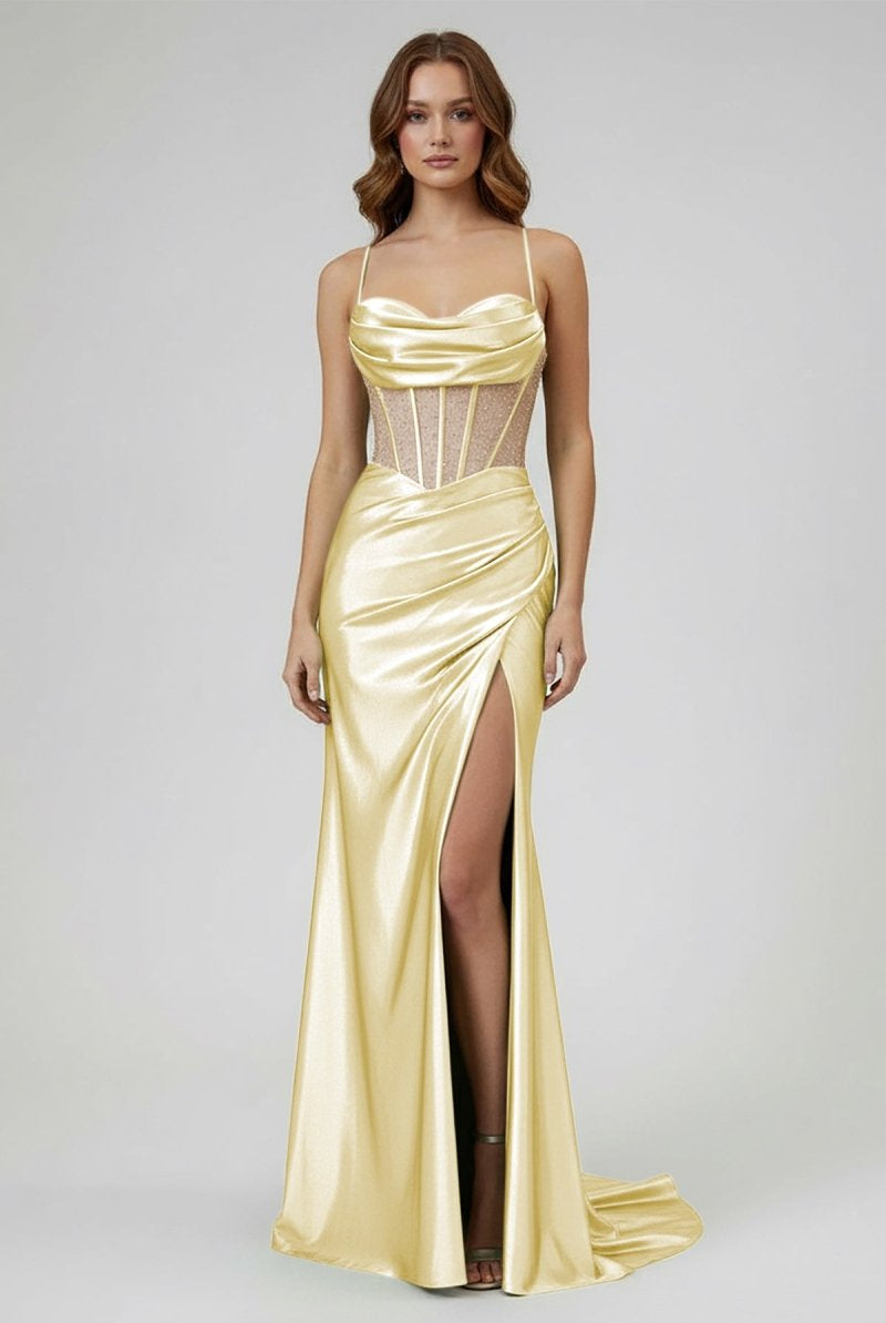 Jeni | Sage Scoop Neck Satin Mermaid Long Prom Dress with Slit - KissProm