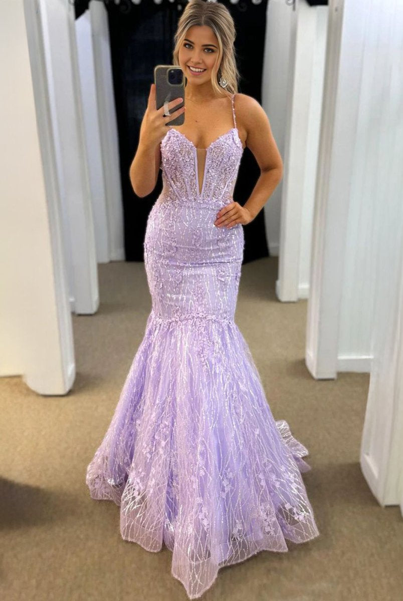 Jennon | Mermaid V Neck Lavender Lace Tulle Long Prom Dresses - KissProm