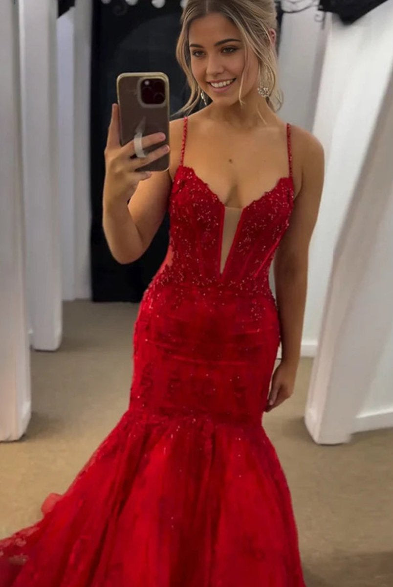 Jennon | Mermaid V Neck Lavender Lace Tulle Long Prom Dresses - KissProm