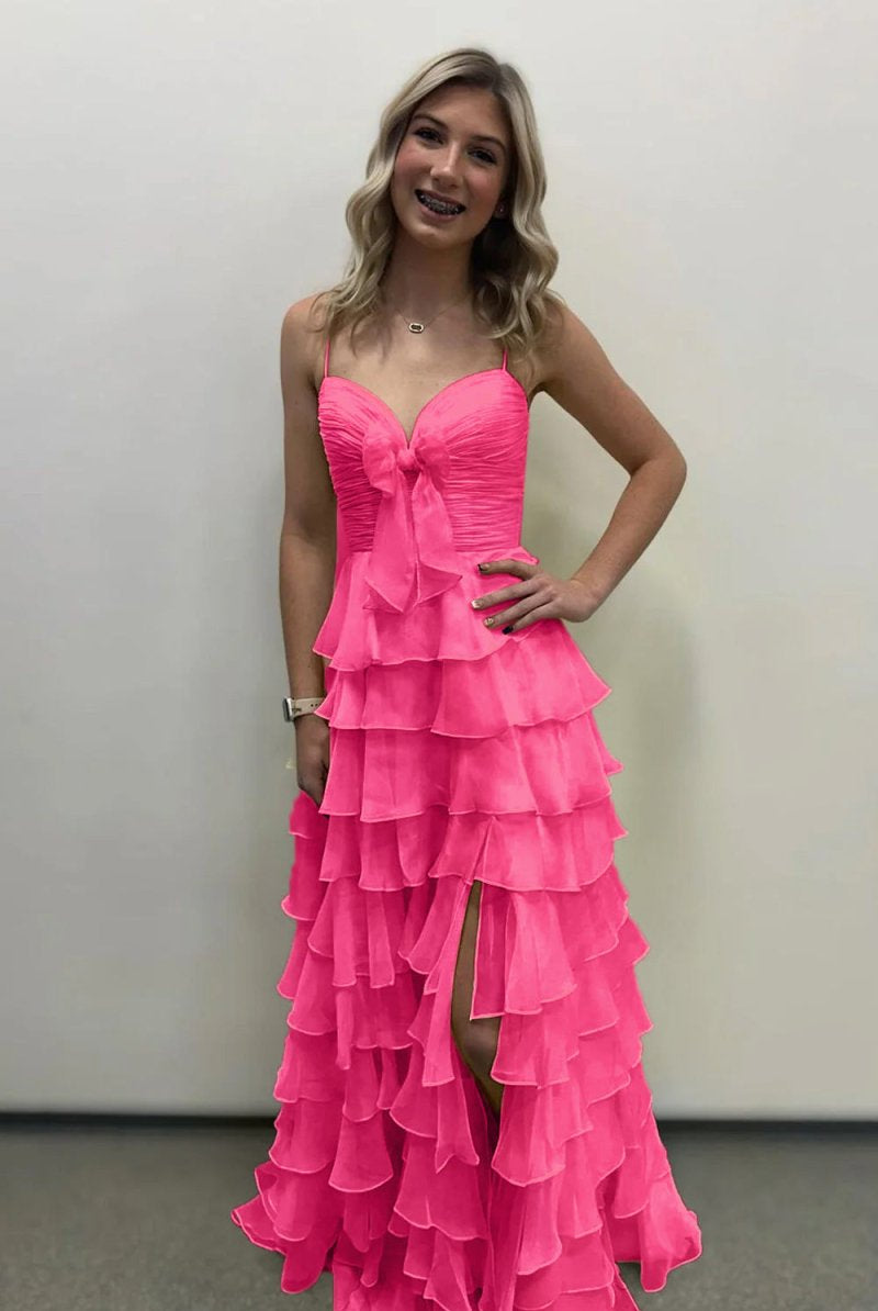 Jensyn | A Line Spaghetti Straps Yellow Long Prom Dress with Ruffles