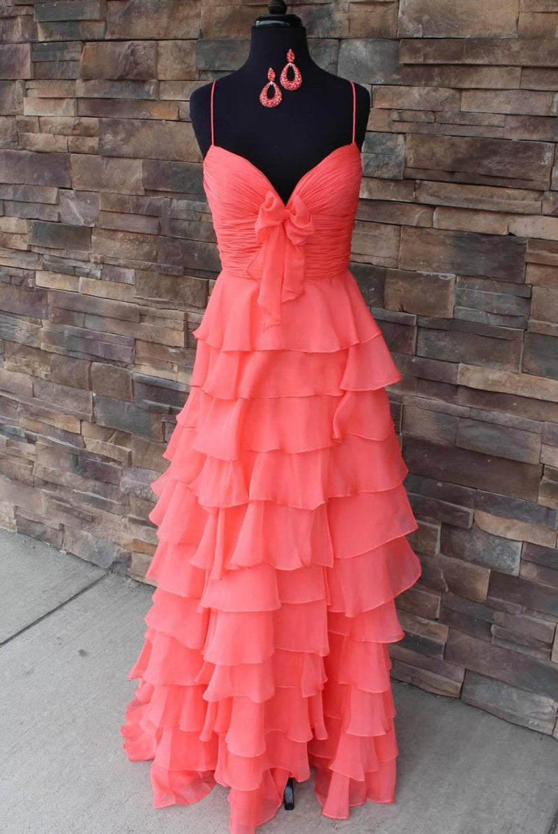 Jensyn | A Line Spaghetti Straps Yellow Long Prom Dress with Ruffles