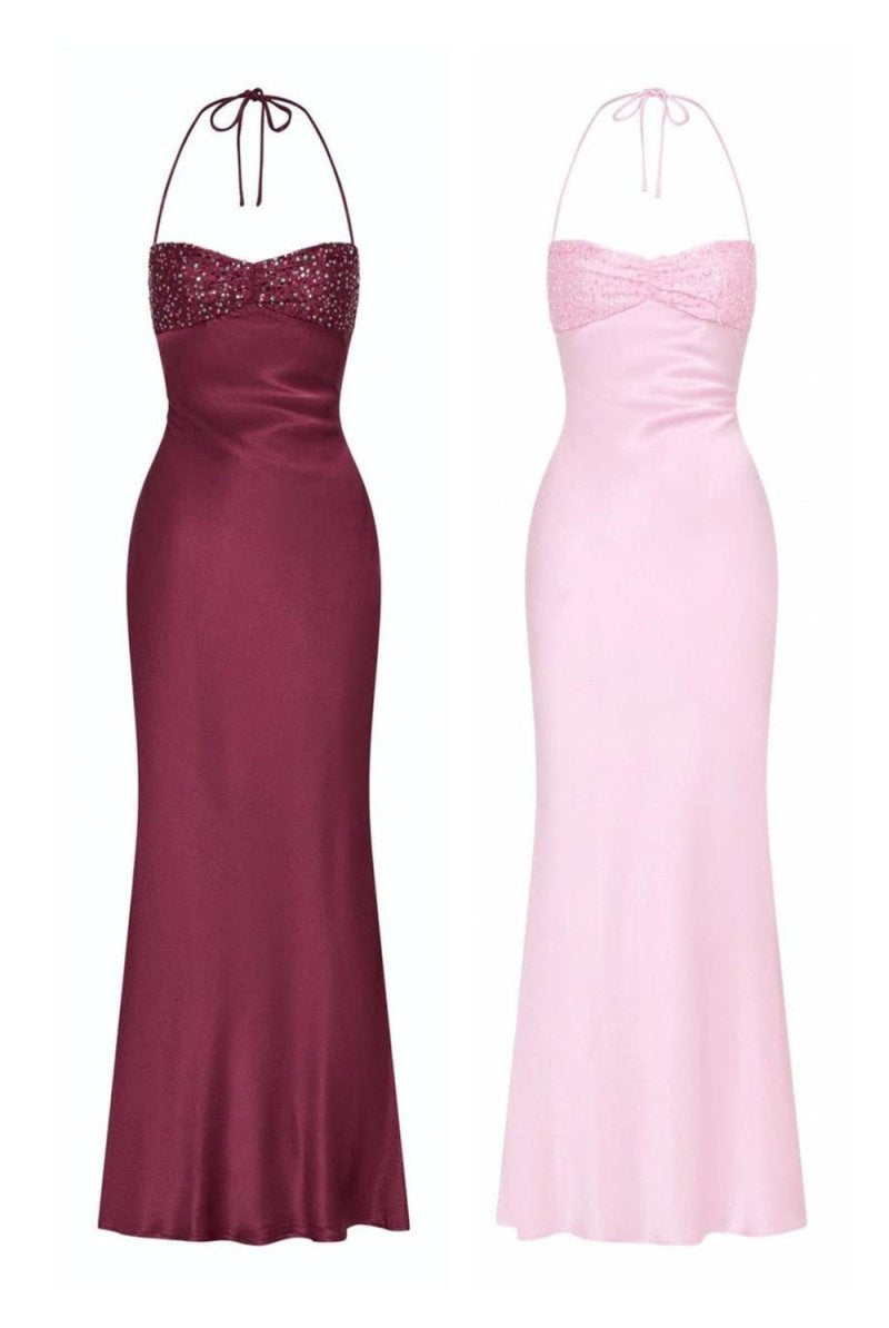 Jesamine | Magenta - Halter Sheath Satin Long Prom Dresses With Sequins - KissProm
