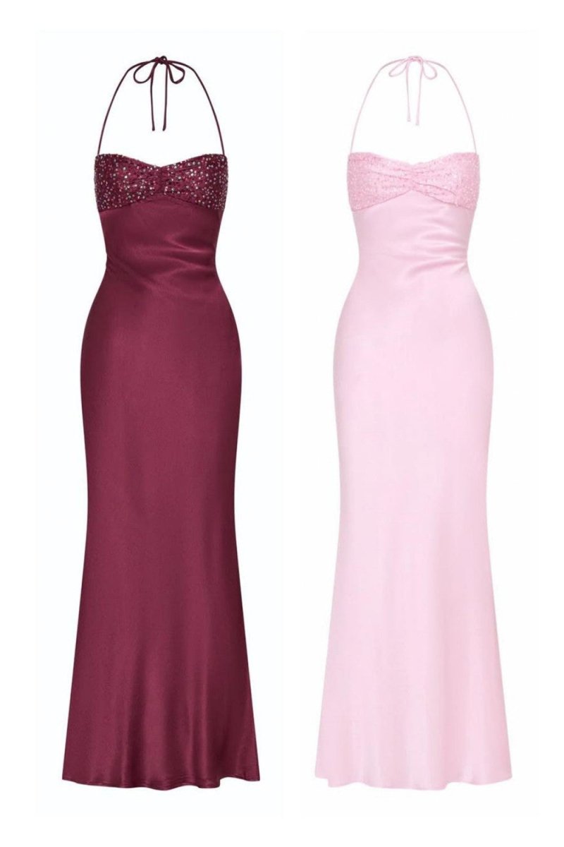 Jesamine | Magenta - Halter Sheath Satin Long Prom Dresses With Sequins - KissProm