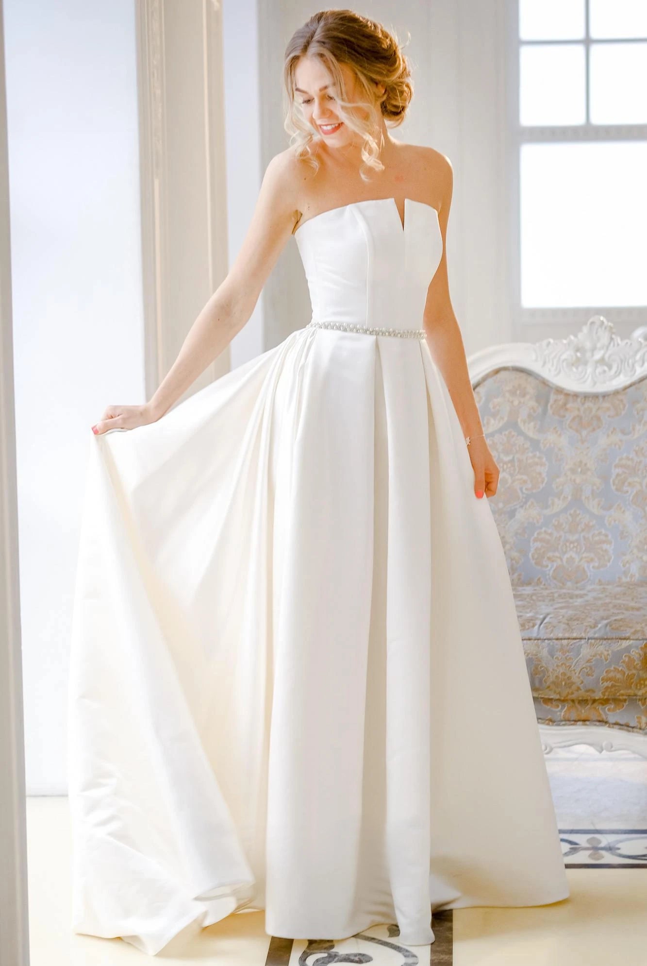 Jewel Strapless Satin Lace Lace-Up Corset Back Wedding Dress