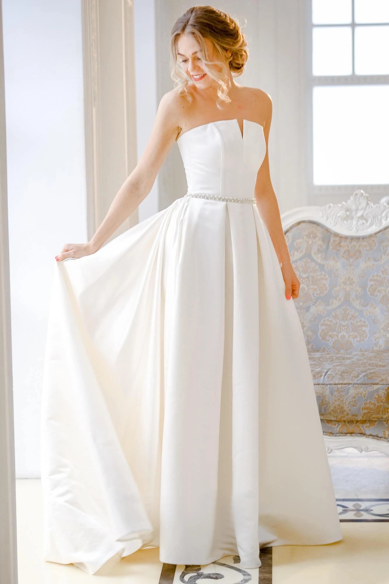 Jewel Strapless Satin Lace Lace-Up Corset Back Wedding Dress