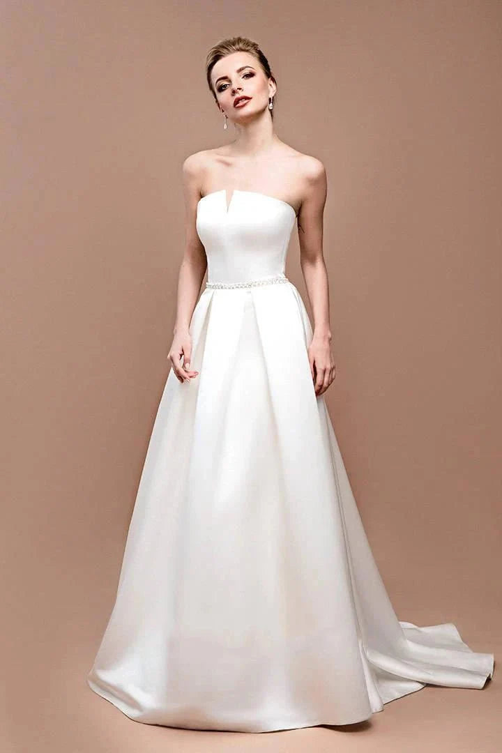 Jewel Strapless Satin Lace Lace-Up Corset Back Wedding Dress, Diamond White / 8 Jewel Strapless Satin Lace Lace-Up Corset Back Wedding Dress, Diamond White / 8