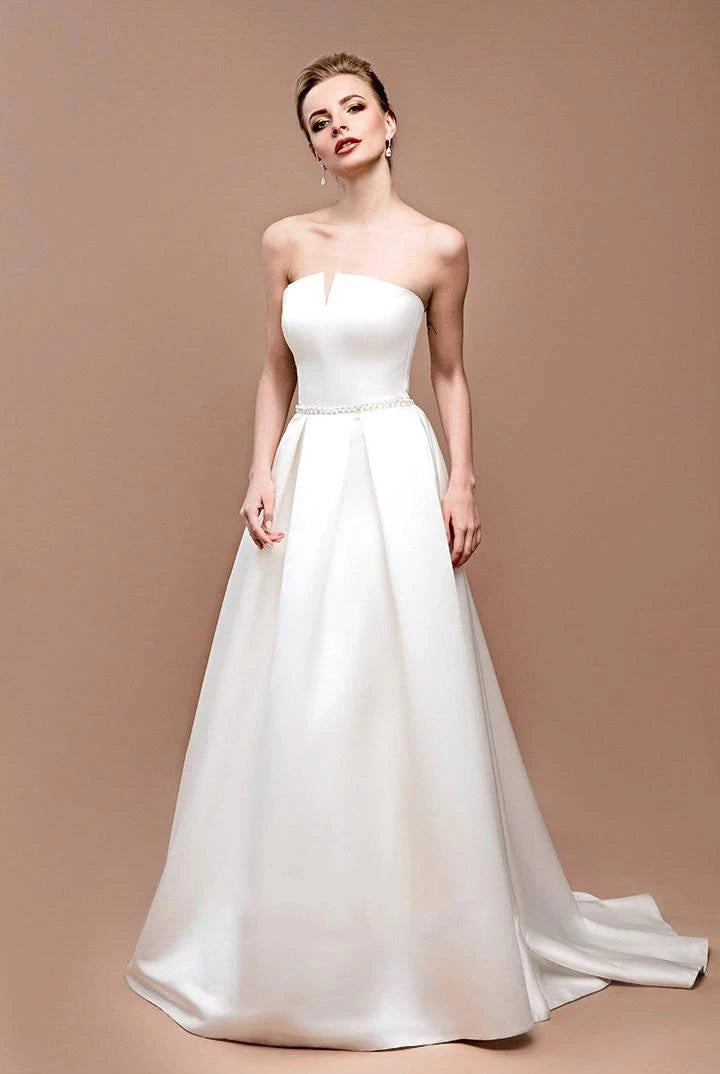 Jewel Strapless Satin Lace Lace-Up Corset Back Wedding Dress