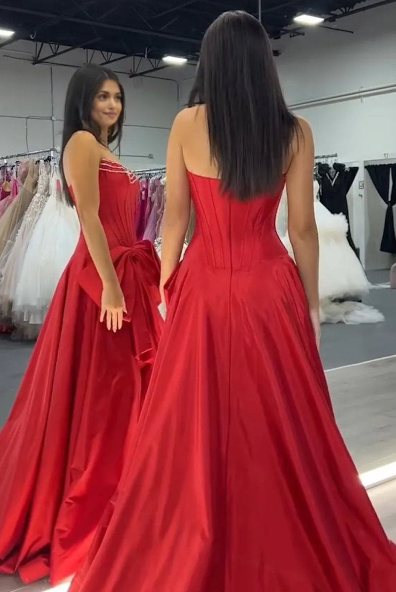 Jhenee | Trendy Red Strapless A-Line Satin Long Corset Prom Dress with Bow
