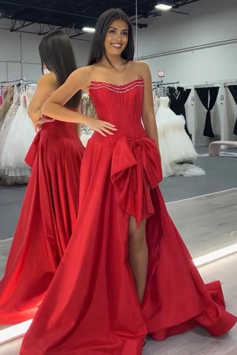 Jhenee | Trendy Red Strapless A-Line Satin Long Corset Prom Dress with Bow
