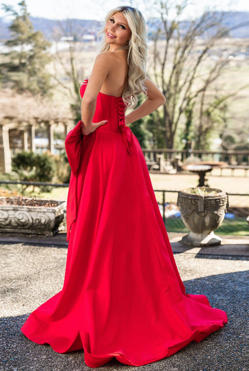 Jhenee | Trendy Red Strapless A-Line Satin Long Corset Prom Dress with Bow