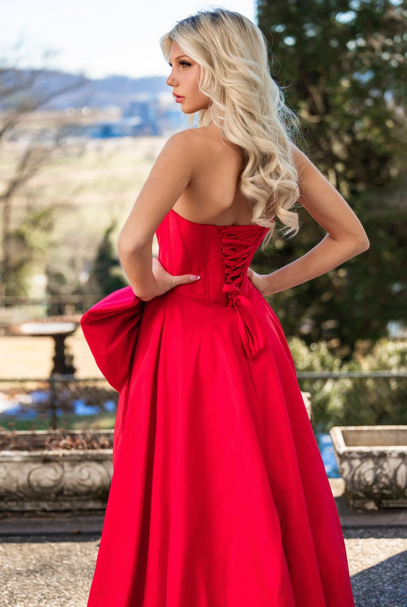 Jhenee | Trendy Red Strapless A-Line Satin Long Corset Prom Dress with Bow