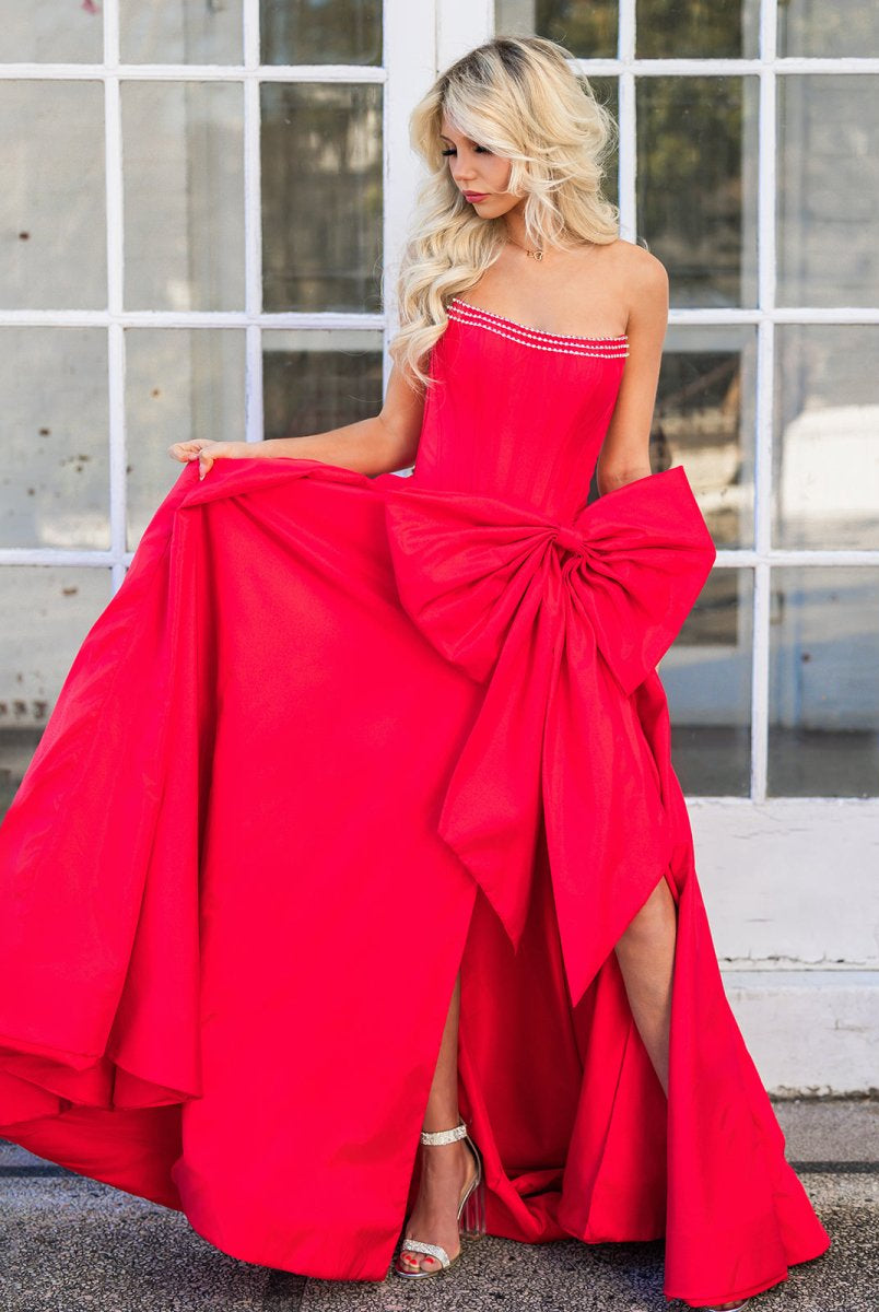 Jhenee | Trendy Red Strapless A-Line Satin Long Corset Prom Dress with Bow