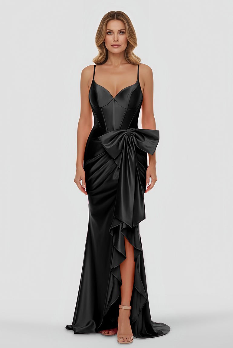 Jianna | Straps V - Neck Satin Mermaid Prom Dress with Bow - KissProm