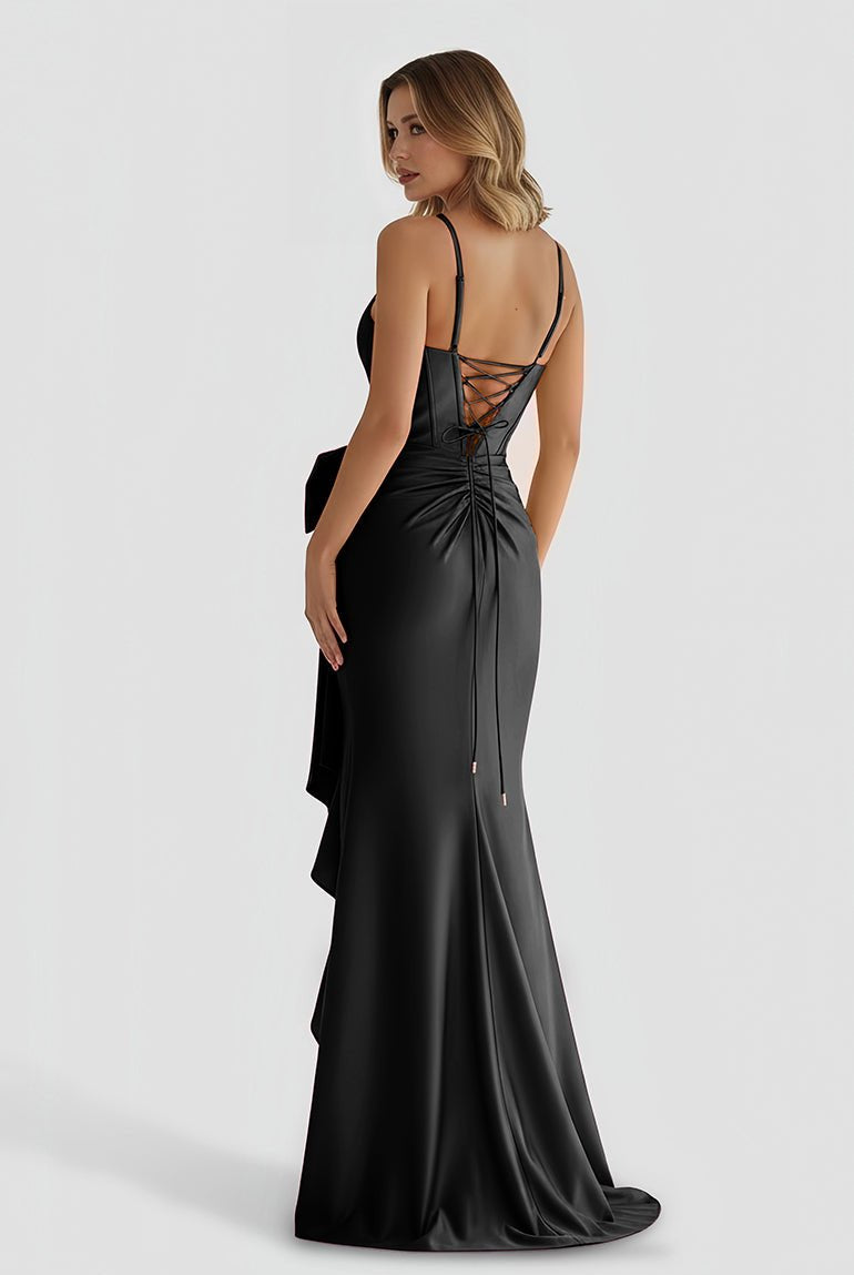 Jianna | Straps V - Neck Satin Mermaid Prom Dress with Bow - KissProm