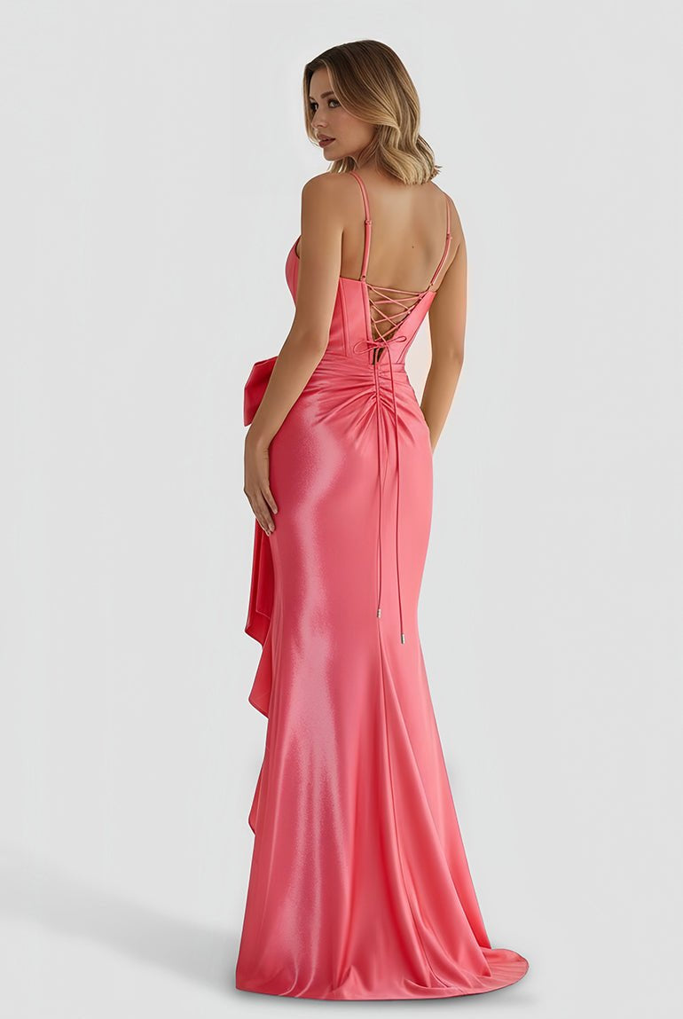 Jianna | Straps V - Neck Satin Mermaid Prom Dress with Bow - KissProm