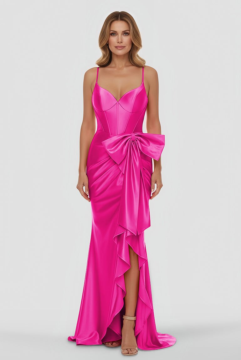Jianna | Straps V - Neck Satin Mermaid Prom Dress with Bow - KissProm