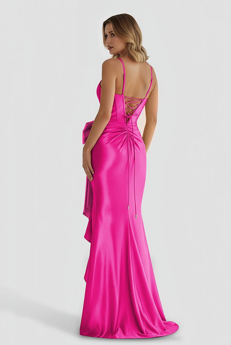 Jianna | Straps V - Neck Satin Mermaid Prom Dress with Bow - KissProm