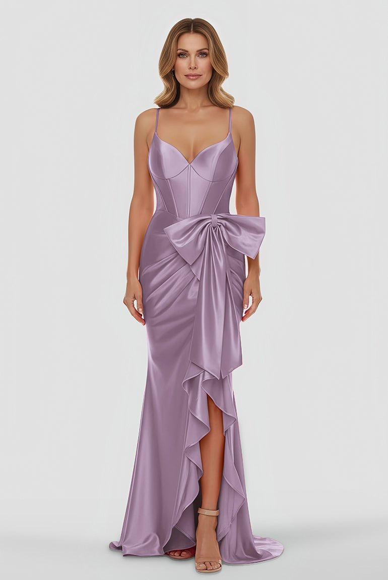 Jianna | Straps V - Neck Satin Mermaid Prom Dress with Bow - KissProm