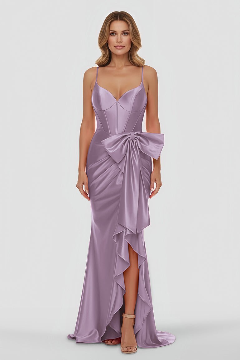 Jianna | Straps V - Neck Satin Mermaid Prom Dress with Bow - KissProm