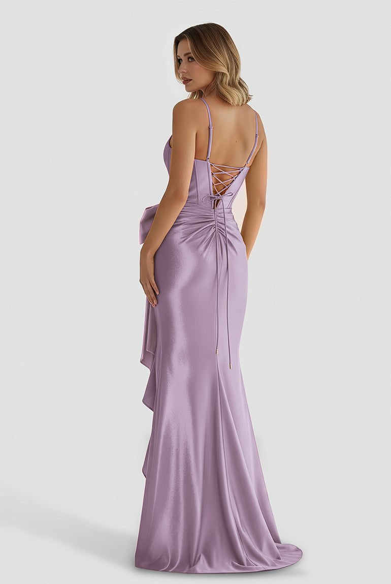 Jianna | Straps V - Neck Satin Mermaid Prom Dress with Bow - KissProm