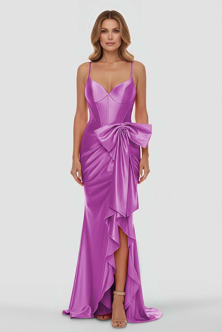 Jianna | Straps V - Neck Satin Mermaid Prom Dress with Bow - KissProm
