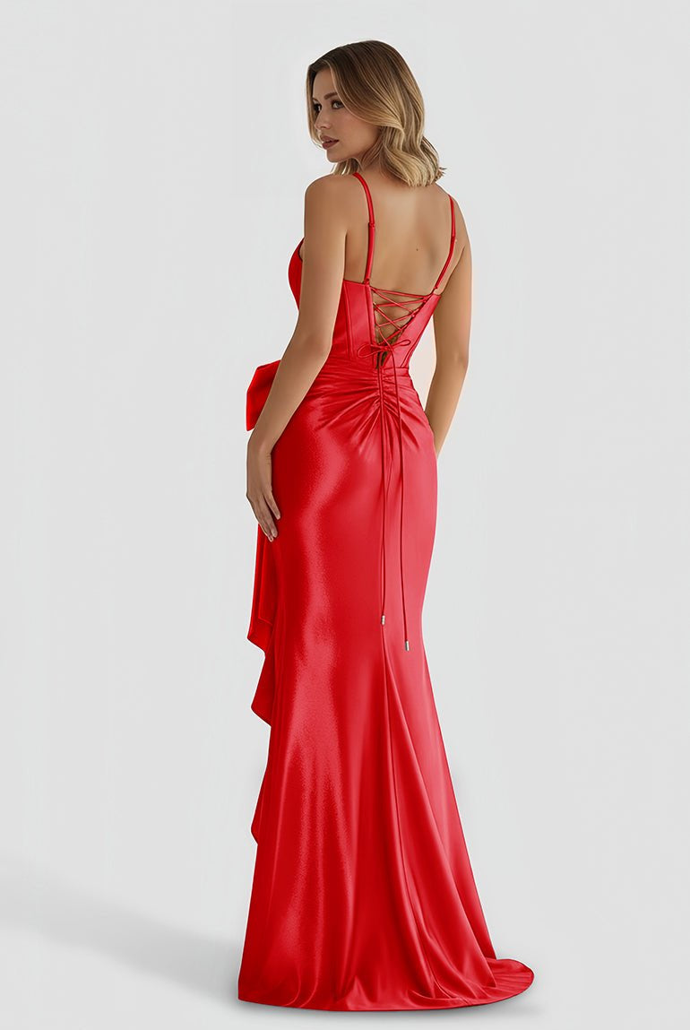 Jianna | Straps V - Neck Satin Mermaid Prom Dress with Bow - KissProm