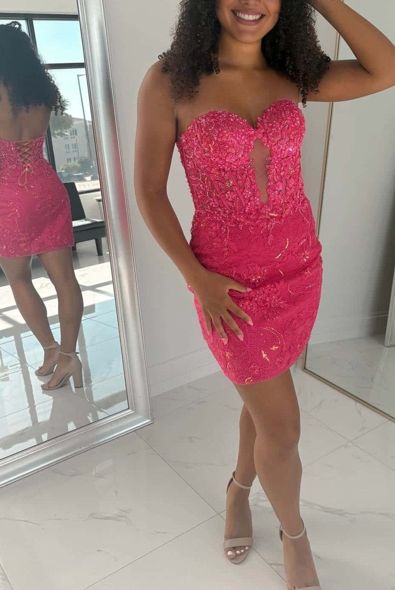 Joanne | Fuchsia - Bodycon Sweetheart Lace Short Tight Homecoming Dresses with Appliques