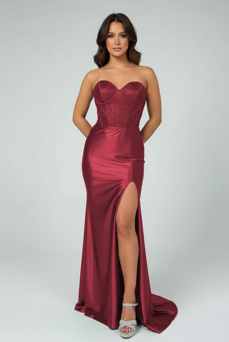 Joanni | Burgundy Beaded Sweetheart Mermaid Long Prom Dress - KissProm