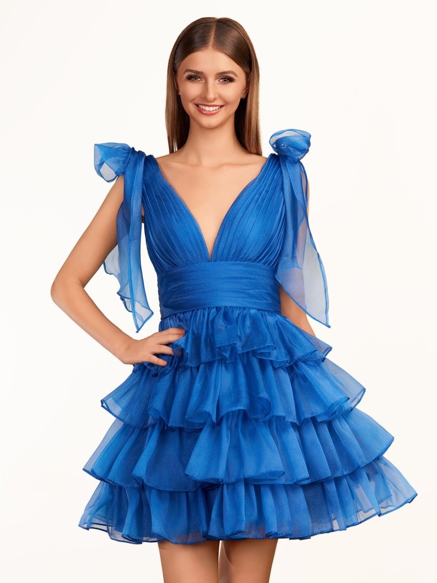 Blue A Line Tiered Dotted Strapless Homecoming Dress with Bows