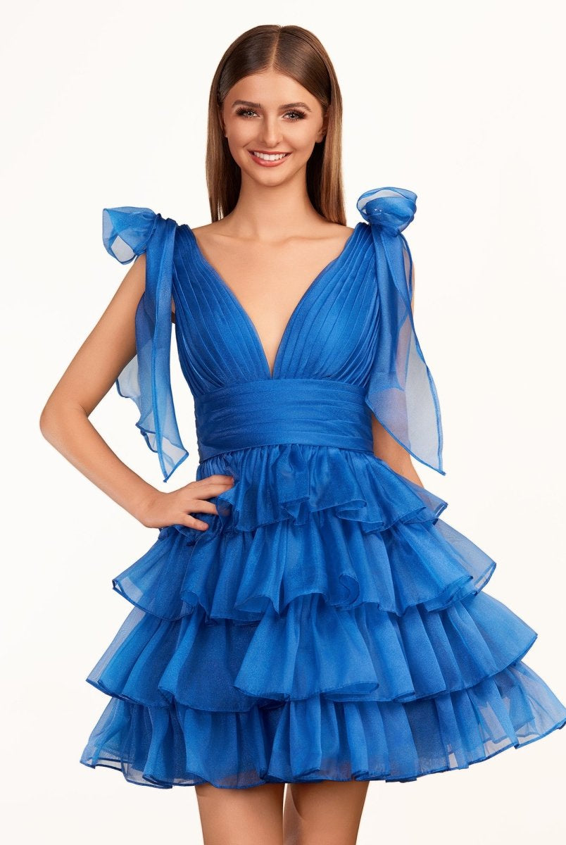 Joleen | Trendy A-Line Royal Blue Tiered Homecoming Dress with Bow