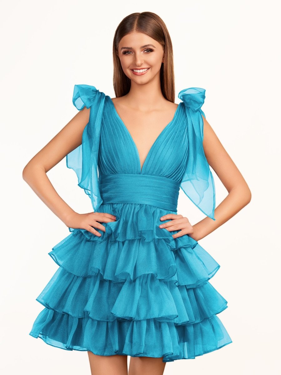 Joleen | Trendy A-Line Royal Blue Tiered Homecoming Dress with Bow