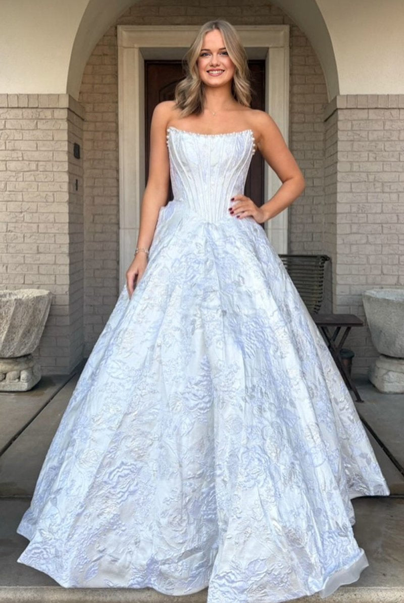 Jolette | White - A Line Strapless Jacquard Long Prom Dresses - KissProm