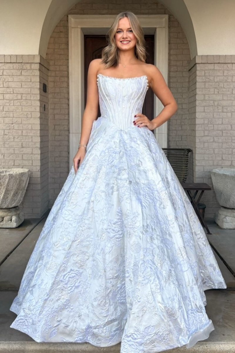 Jolette | White - A Line Strapless Jacquard Long Prom Dresses - KissProm